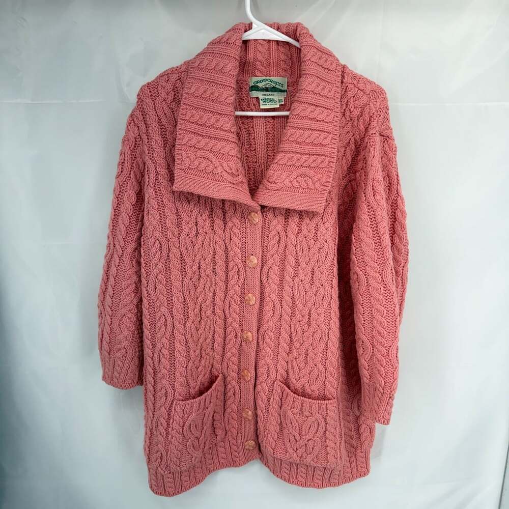 Aran Crafts Women 2XL 100% Merino Wool Cardigan Sweater Cable Knit Pink Ireland